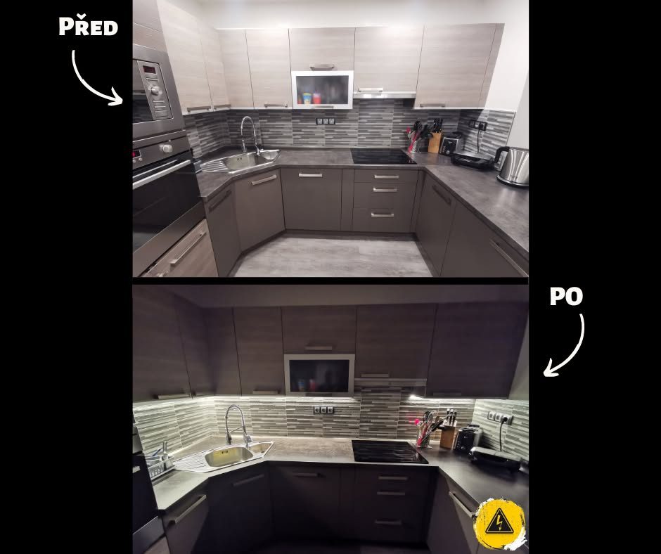 Kuchyň před a po instalaci LED pásků pod skříňkami
